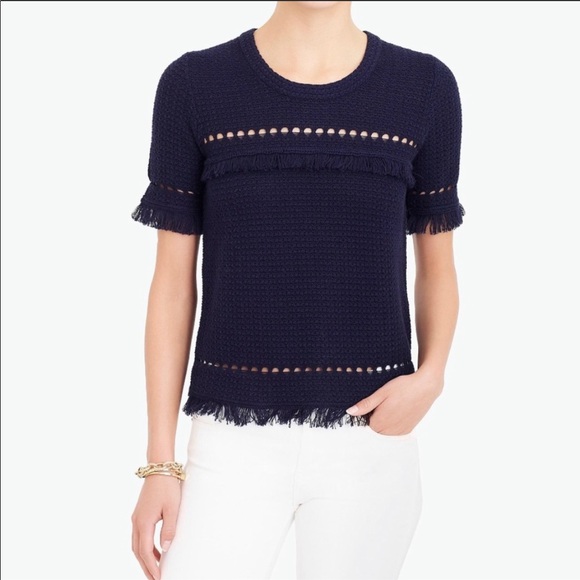 J. Crew Factory Sweaters - J.Crew Navy Short Sleeve Fringe Sweater Sz M